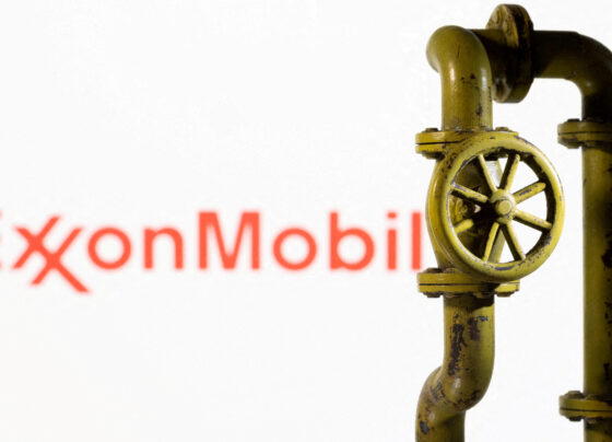 A 3D printed natural gas pipeline is placed in front of displayed ExxonMobil logo. REUTERS/Dado Ruvic/Illustration