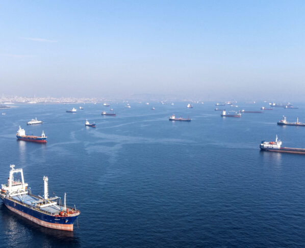 Commercial vessels including vessels which are part of Black Sea grain deal wait to pass the Bosphorus strait off the shores of Yenikapi during a misty morning in Istanbul, Turkey. REUTERS/Umit Bektas