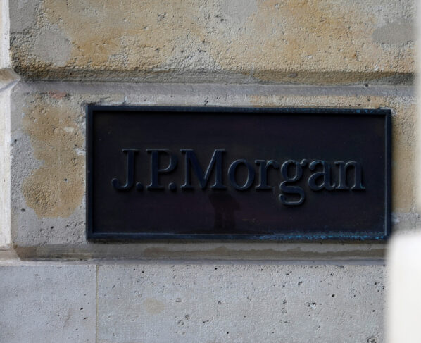 A J.P. Morgan logo is seen outside the JPMorgan bank offices in Paris, France. REUTERS/Sarah Meyssonnier