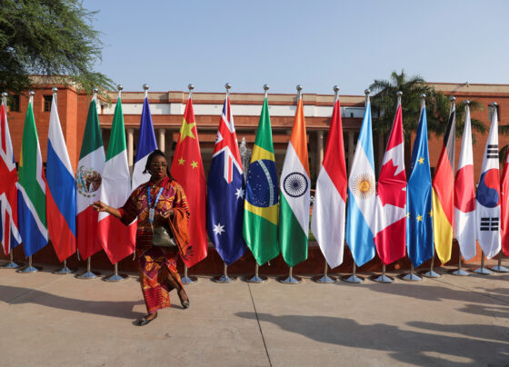 A delegate stands outside the venue for G20 foreign ministers’ meeting in New Delhi, India. REUTERS/Anushree Fadnavis